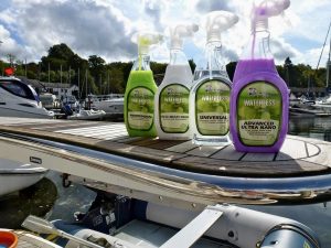 Pearl waterless solutions deliver outstanding performance and finish across all marine surfaces Pearl waterless vehicle care products displayed on a yacht illustrating reliable supply and operational support across marine and automotive operations